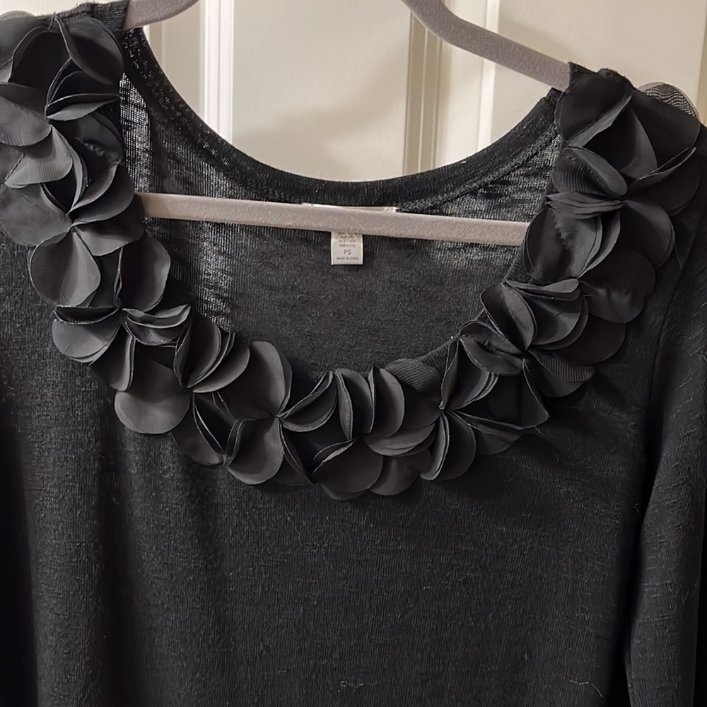 Ruffled black sweater, 3/4 sleeve, dressy- perfect for holidays, petite small